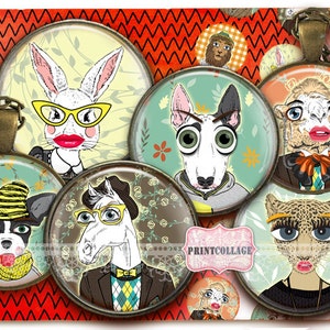 Retro cartoon Animals Digital Collage Cabochon images 1.5 inch, 18 mm, 14 mm, 1 inch circle Printable Instant download bottle caps c170