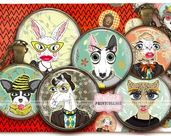 Dibujos animados retro Animales Collage digital Cabujón imágenes 1,5 pulgadas, 18 mm, 14 mm, círculo de 1 pulgada Imprimible Descarga instantánea tapas de botellas c170