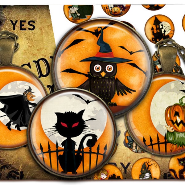 Digital Collage Sheet - Halloween - Cabochon images 1.5 inch 18 mm 14 mm 1 inch circle Printable images Instant download bottle caps C118