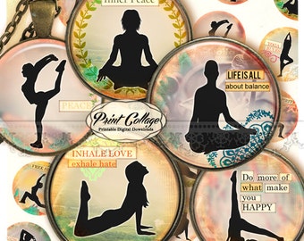 Cabochon images Digital Collage Sheet - Yoga images 1.5 inch 18mm 14mm 1 inch round Printable images digital download Bottle Cap image c219