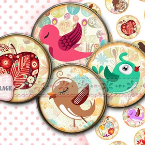 Bird Doodle Digital Printable Sheet Cabochon images 1.5 inch 1 inch 16 mm, 12 mm round Printable images for pendants Instant download C69