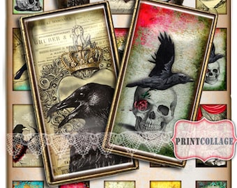 Raven Bird Animal images Digital collage sheet 1x2 inch domino pendants printable images jewelry backgrounds d45