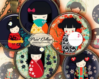 Kokeshi Dolls - Digital Printable Sheet Cabochon images 1.5 inch 1inch 18,14mm round images Printable images Instant download C210