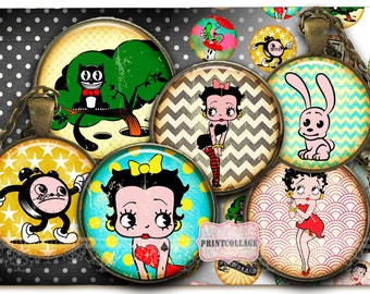 Digital Printable Sheet Cabochon images Betty Boop 1.5 inch 1 inch 18,14 mm round Printable images Instant download Bottle Cap images C184