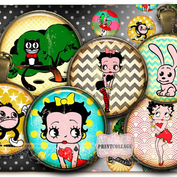 Feuille imprimable numérique Cabochon images Betty Boop 1,5 pouce 1 pouce 18,14 mm rond Images imprimables Téléchargement instantané Bouteille Cap images C184