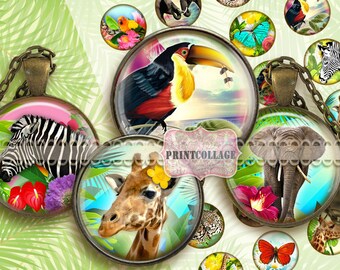 Digital Collage Sheet Printable images 1.5 inch 18mm 14mm 1inch circle Cabochon images Instant download bottle caps Exotic Animals C101