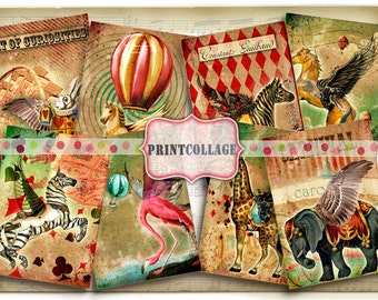 Carnival Circus Digital Collage Sheet Designed Gift Tags and Cards for Scrapbooking Printable Vintage Paper for Jewelry Holders Tags T27