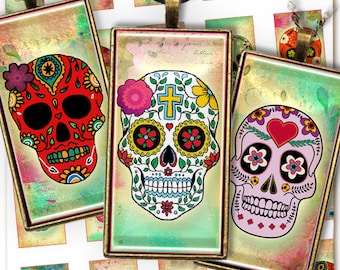 Sugar Skull Digital Collage Sheet 1x2 inch Printable Download for glass resin domino pendants magnets bezel settings charms tray c174