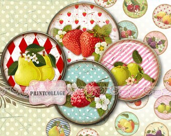 Digital Printable Sheet Cabochon images 1.5 inch 1inch 16, 12mm round images Printable images for pendant Instant download Vintage Fruits C7