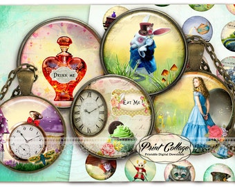 Alice in Wonderland Cabochon images Digital Collage Images 1.5 inch, 16 mm 12 mm 1 inch digital download Bottle Cap printable download c230