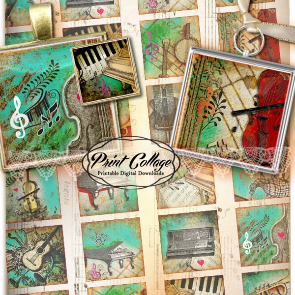 Musical Instruments, music, teal Printable images for pendants magnets  1.5 inch, 1 inch,20 mm Square Digital Collage Sheet paper craft c172