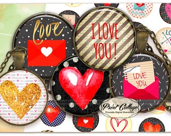 Love, Heart Cabochon images Digital Collage Sheet 1.5 inch 16 mm 12 mm 1 inch digital download Bottle Cap images printable download c224