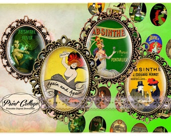 Absinthe Vintage Oval Images: Printable Cabochon Pendants (Digital Download)