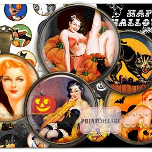 Hoja de collage digital de chicas pin-up de Halloween Imágenes de cabujón 1,5 pulgadas, 18 mm, 12 mm, círculo de 1 pulgada Imprimible Descarga instantánea Tapas de botellas