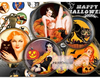 Halloween Pin Up chicas Digital Collage Hoja Cabujón imágenes 1,5 pulgadas, 18 mm, 12 mm, círculo de 1 pulgada Imprimible Descarga instantánea tapas de botellas