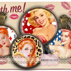 Digital Collage Sheet - Pin Up Girls - Cabochon images 1.5 inch 18mm 14mm 1inch circle Printable images Instant download bottle caps c03