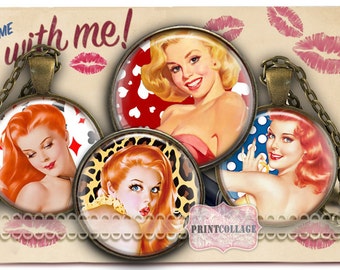Puede incluir: Cuatro colgantes redondos de vidrio con imágenes de mujeres de estilo pin-up vintage. Cada colgante tiene un patrón de fondo diferente: corazones rojos, estampado de leopardo, lunares blancos y cartas de juego. Los colgantes están unidos a cadenas de bronce.
