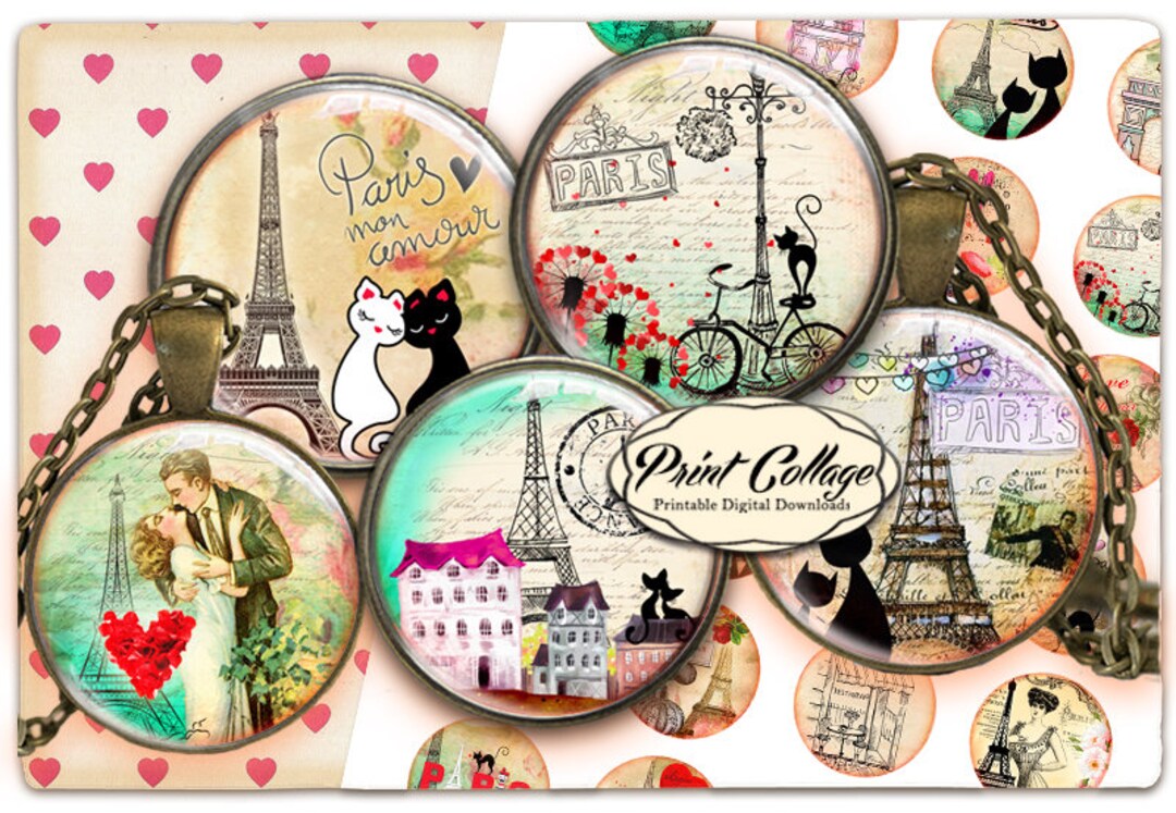 Paris, Eiffel Tower, Digital Printable Sheet Cabochon Images 1.5 Inch 1 ...