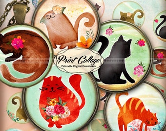 Cute Cat - Digital Printable Sheet Cabochon images 1.5 inch 1inch 18,14mm round images Printable images Instant download C207