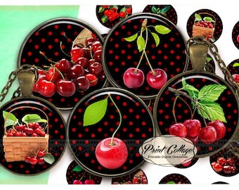 Cabochon images Digital Collage Sheet - Red Cherries - 1.5 inch 16 mm 20mm 12 mm 1 inch digital download Bottle Cap image
