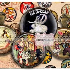 Zirkus Vintage Digital Collage Sheet Druckbare Bilder für Flaschenverschluss 1.5 zoll 18 mm 14 mm Cabochon Cabochon Bilder Instant download c94 Bild 3