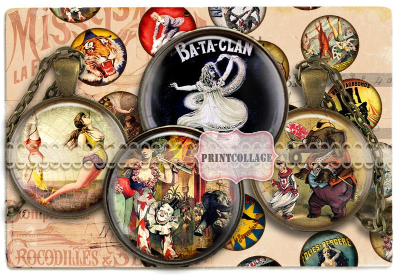 Zirkus Vintage Digital Collage Sheet Druckbare Bilder für Flaschenverschluss 1.5 zoll 18 mm 14 mm Cabochon Cabochon Bilder Instant download c94 Bild 3