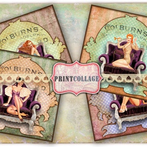 Pin Up Girls Coaster images Digital Square Background Coasters Set of 4 Printable Cards Images for Printable tags 4x4 inch Greeting Card o9