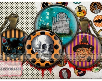 Halloween - Digital Collage Sheet 1.5 inch 18 mm 14 mm 1 inch size circles Printable images for pendants magnets cabochon settings c01