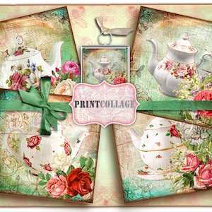 Tea, Teapot Coaster images Printable Collage Sheet for Coasters Greeting cards Magnets Gift tags Set of 4 Printable Cards 4x4 inch O23