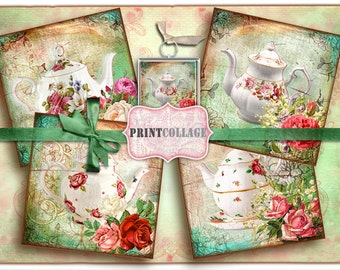 Tea, Teapot Coaster images Printable Collage Sheet for Coasters Greeting cards Magnets Gift tags Set of 4 Printable Cards 4x4 inch O23