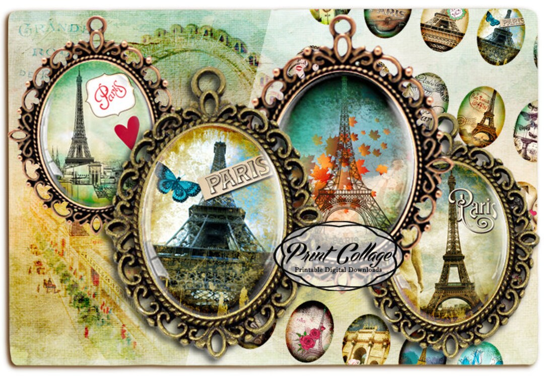 Paris Vintage Eiffel Tower Cabochon Oval Images Digital Printable Sheet ...