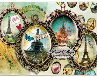 Paris vintage Tour Eiffel Cabochon ovale images Digital Printable Sheet 30x40 30x22 25x18 18x13 mm pour pendentifs Téléchargement instantané images C109