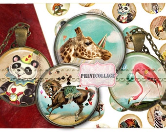 Digital Collage Sheet Printable images for Bottle Cap 1.5 inch 18mm 14mm 1inch circle Cabochon images Instant download Circus Animals C98