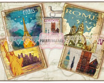 Great Cities Printable Collage Sheet for Coasters Greeting cards Magnets scrabble tile Coasters Set of 4 Printable Cards 4x4 inch O19