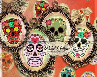 Sugar Skull Cabochon oval images Digital Printables 40x30 mm 30x22 mm 25x18 mm 18x13 mm for pendants bezel cab magnets scrapbooking c174