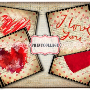 Puede incluir: Un collage de cuatro tarjetas de estilo vintage con temática de San Valentín. Cada tarjeta presenta un diseño de corazón rojo, con una tarjeta que muestra las palabras "I Love You". Las tarjetas están decoradas con encaje y patrones de corazón.