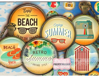 Summer chill images Digital Printable Sheet Cabochon images 1.5 inch  1 inch, 18,14 mm round images Printable images Instant download C187