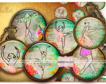 Ballet / Ballerina Cabochon images Digital Printable Sheet 1.5 inch 1 inch 18 mm, 14 mm round images Printable images Instant download C176