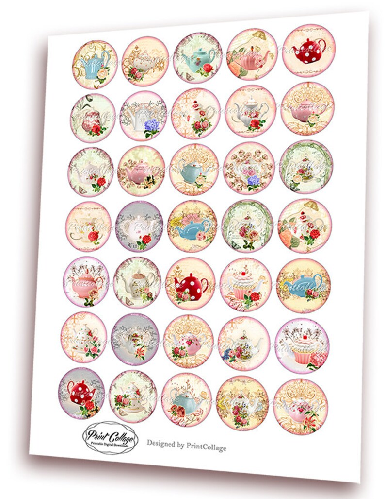 Shabby Chic Teapot Buttons Pinback Digital Printable Images Etsy