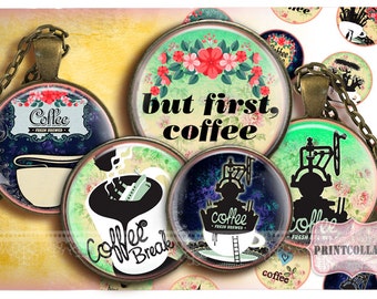 Digital Collage Sheet - Coffee - Cabochon images 1.5 inch 18mm 14mm 1inch circle Printable images Instant download bottle caps c143