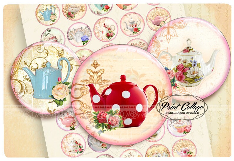 Shabby Chic Teapot Buttons Pinback Digital Printable Images Etsy