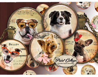 Cute Dogs / Pets Digital Printable Sheet Cabochon images 1.5 inch 1 inch 16,30 mm round Printable's for pendants Instant download c265