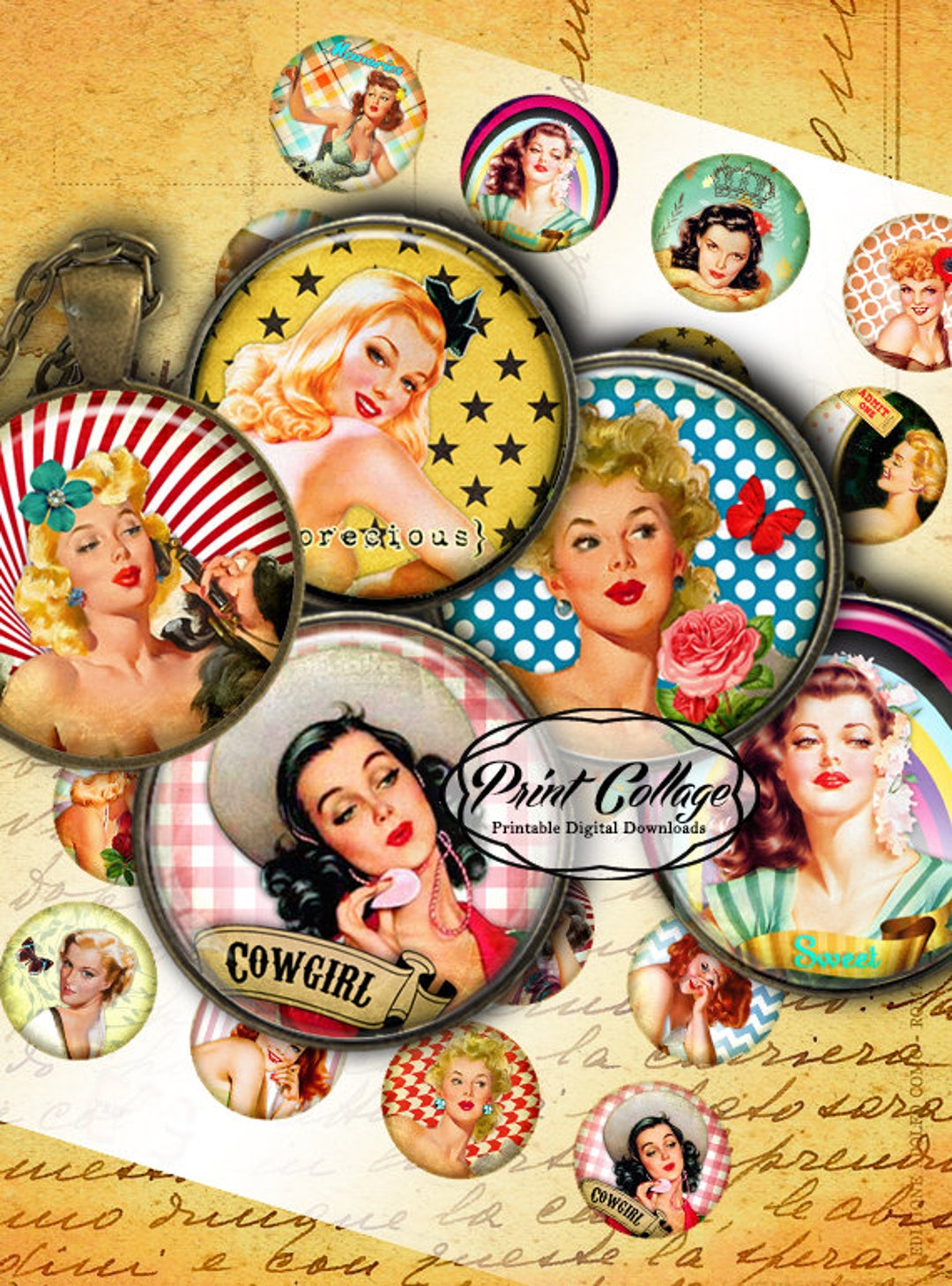Pin up Girls Digital Printable Sheet Cabochon Images 1.5 Inch 1inch 18 ...