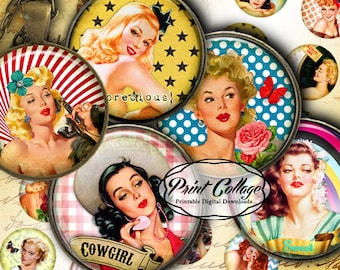 Pin Up Girls - Digital Printable Sheet Cabochon images 1.5 inch 1inch 18,14mm round images Printable images Instant download C195