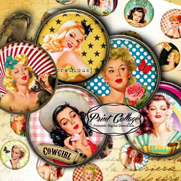 Pin Up Girls - Cabochon de feuille imprimable numérique, images rondes de 1,5 pouce 1 pouce 18,14 mm Images imprimables Téléchargement instantané C195