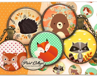 Forest Cute Animals Digital Collage Sheet Cabochon images 1.5 inch 16 mm 12 mm 1 inch circle Printables Instant download bottle caps C274