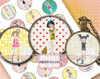 Fancy Girls Two Digital Printable Sheet 1 inch and 12 mm size circles-Printable images for pendants magnets cab settings C56