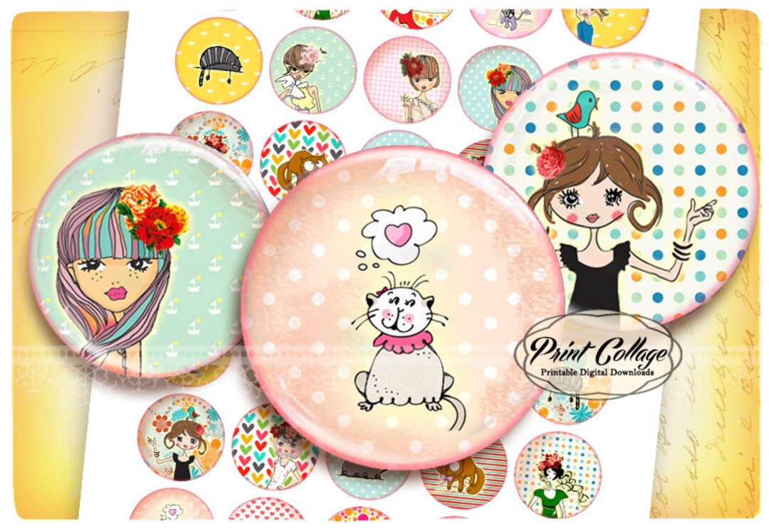 Cute Doodle Images Buttons Pinback Digital Printable Images for Button ...