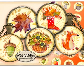 Digital Collage Sheet Cabochon images 1.5 inch 16 mm 12 mm 1 inch Autumn, Forest / circle Printable images Instant download bottle caps C243