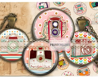 Camera Vintage Digital Printable Sheet Cabochon images 1.5 inch 1 inch, 16 mm, 12 mm round Printable images for pendant Instant download C89